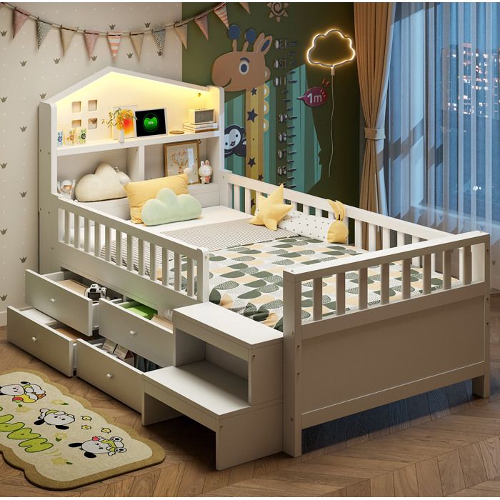 Lit Enfant 90x200 cm Blanc avec Barrière de Sécurité 4 Tiroirs de Rangement Escaliers Latéraux LED Ports USB et Type-C