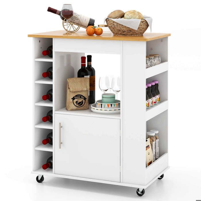 6-bouteilles desserte de cuisine sur roulettes avec plateau en bambou rangement et service cuisine/salle à manger