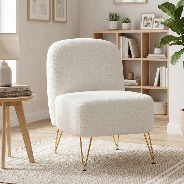 Fauteuil Salon Sans Accoudoirs Fauteuil dAppoint Rembourré en Tissu Bouclette Coussin Épais Assise Large Blanc