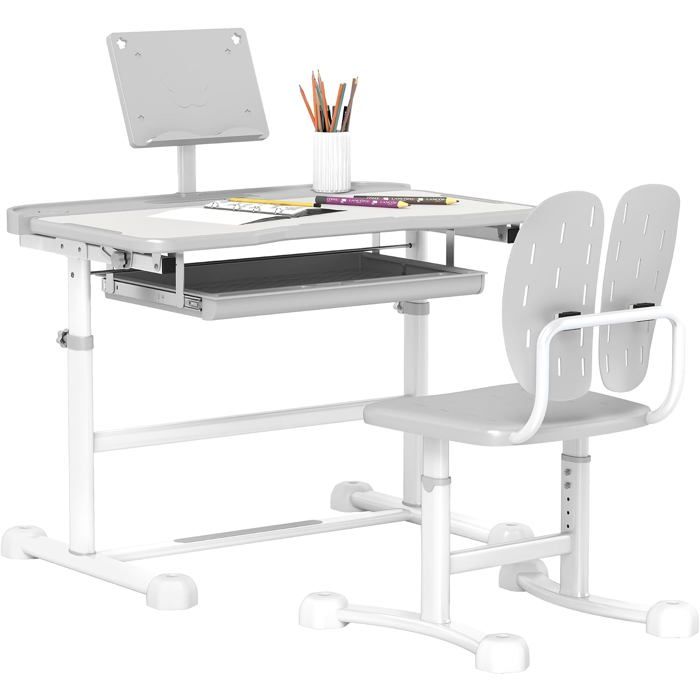 AIYAPLAY Ensemble Bureau et Chaise pour Enfant Plateau Inclinable 45 Degrés Hauteur Réglable Tiroir et Porte-Livre Gris AIYAPLAY Ensemble Bureau et Chaise pour Enfant Plateau Inclinable 45 Degrés Hauteur Réglable Tiroir et Porte-Livre Gris