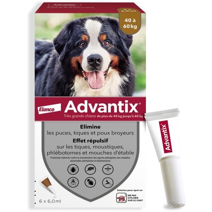 ADVANTIX Chien Solution Antiparasitaire Très Grande Race 40 à 60kg 6 pipettes