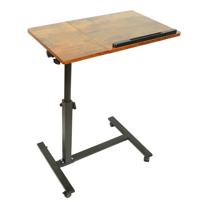 grus table de lit portable à roulettes - support pour ordinateur inclinable - hauteur/angle réglable - marron