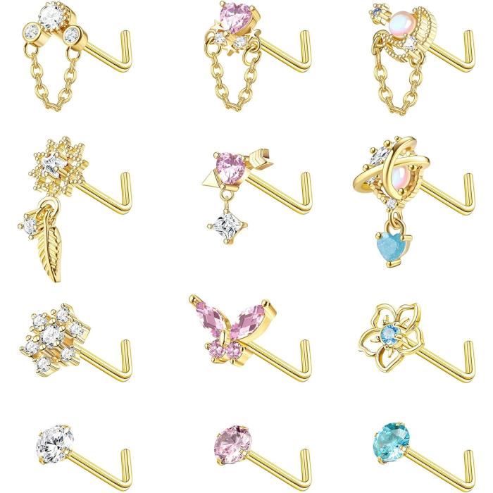 Lot De 10 Piercings Nez En Acier Chirurgical - Anneaux Et Clous L 20G, Zirconia, Pour Femmes Et Hommes