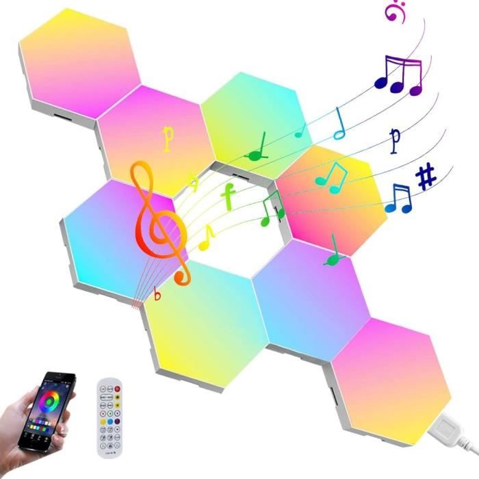 Panneau LED Hexagone Gaming Murale Lampe, Smart Deco Music Sync Modulaires  RGB Lights App Télécommande, RGB Ambiance Light (8 Pcs)