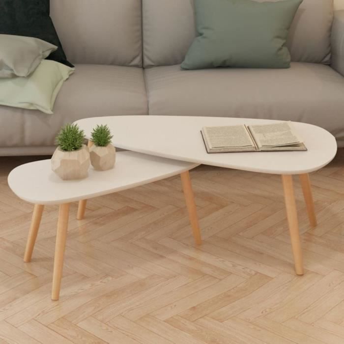 Ensemble de tables basses - P10 - Bois massif - Blanc - Style scandinave moderne - Rectangulaire