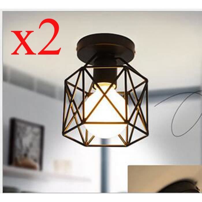 UNI 2 Pack Rétro Lampe de Plafond Industrielle Cage Carrée Noir Fer Plafonnier Suspension Luminaire pour Couloir Entrée Allée