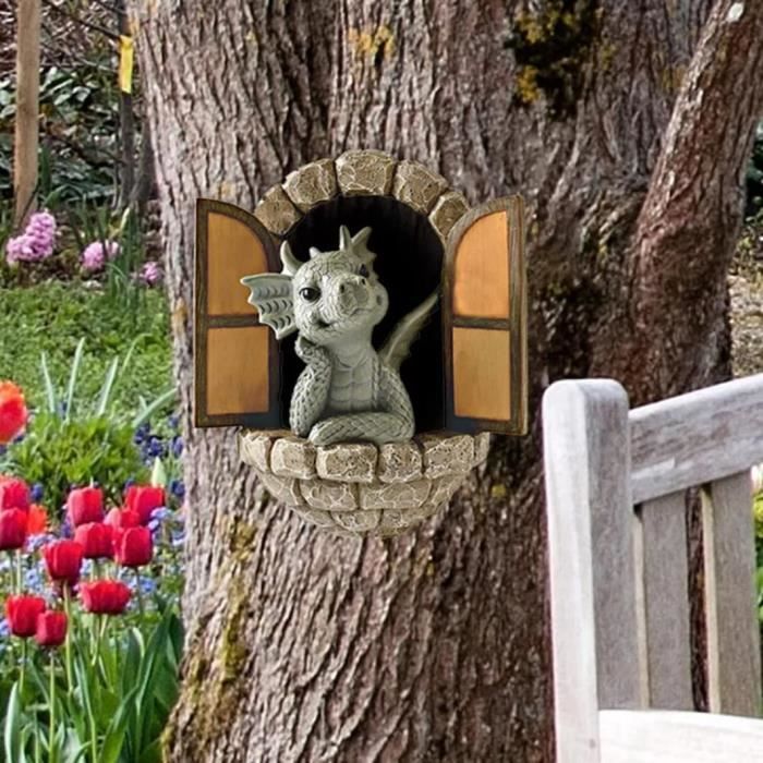 Statue Dragon Jardin Solaire - Décoration Extérieur En Résine, 17,5x13,5x19 Cm, Gris