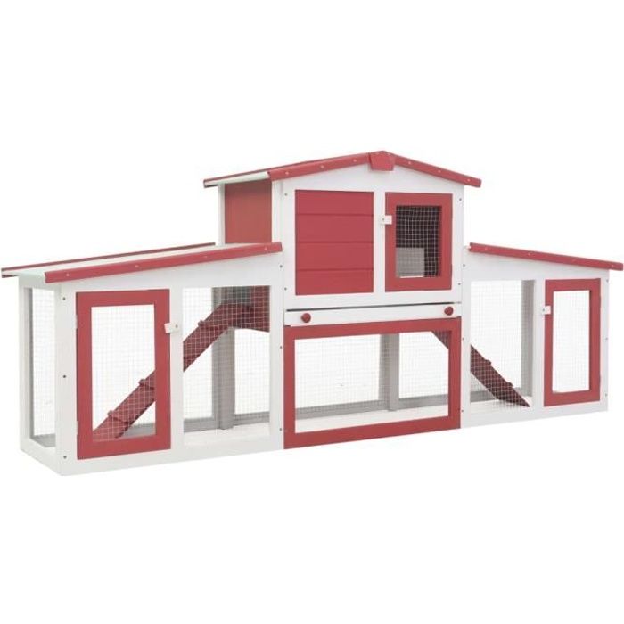 Clapier lapin dextérieur - Cage Clapier lapin Cage de transport Gris Rouge et blanc 204x45x85 cm Bois Excellent ♫55536