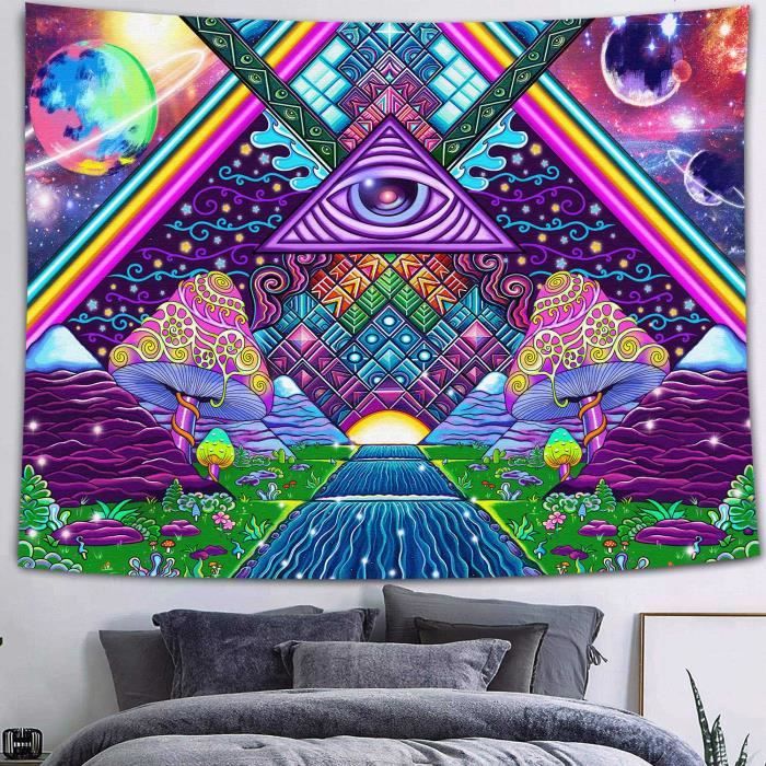 Tapisserie Arbre De Vie Psychédélique Lune Soleil - Décoration Murale Bohème 150x130cm Noir Doré