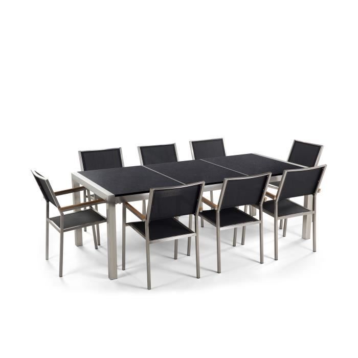 beliani - table de jardin plateau granit noir poli 220 cm 8 chaises noires grosseto