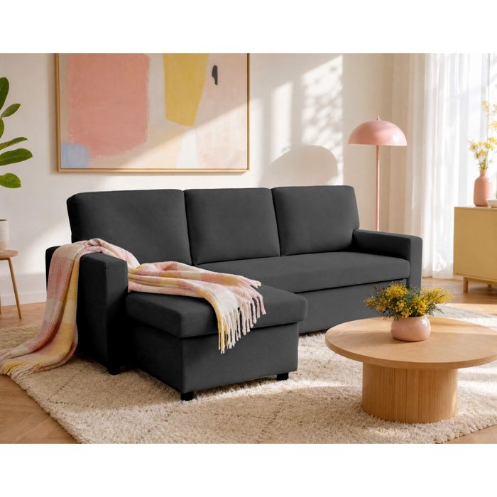 Meiya - canapé dangle réversible 4 places convertible avec coffre en tissu - Gris foncé