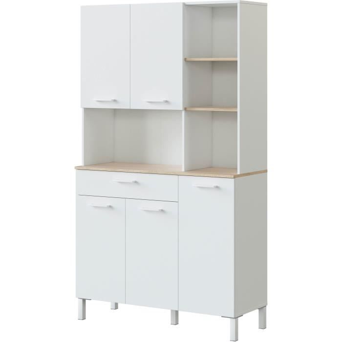 Meuble de cuisine KIRA - Décor blanc artik et chêne canadien - 5 Portes + 1 tiroir - L186 x H108 x P