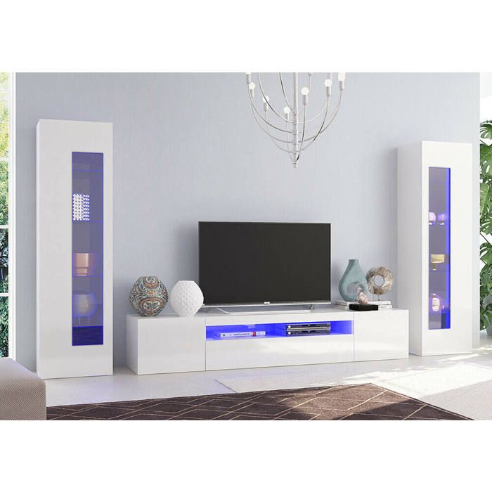 Dmora Meuble Mural Enzo Ensemble de salon meuble TV Meuble de salon polyvalent 100% Made in Italy cm 290x40h162 Blanc brillant