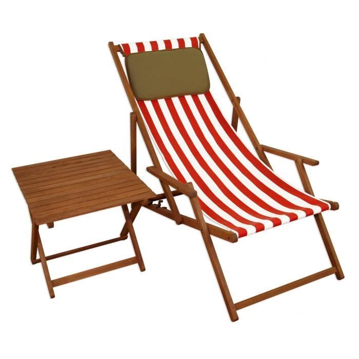 chaise longue rayé rouge et blanc - erst-holz - 10-314tkd - chilienne - bain de soleil pliant - table - oreiller