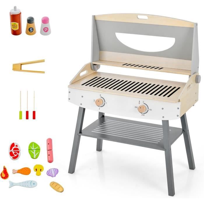 GOPLUS Jouet Barbecue pour Enfants, Set de Barbecue avec Pince, 4 Broches, 9 Aliments & 3 Assaisonnements avec Espace de Rangement
