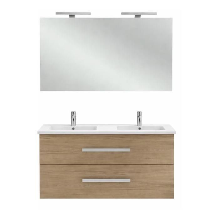 Meuble double vasque 120 cm JACOB DELAFON Ola Up chêne colorado avec miroir et spot Meuble double vasque 120 cm JACOB DELAFON Ola Up chêne colorado avec miroir et spot
