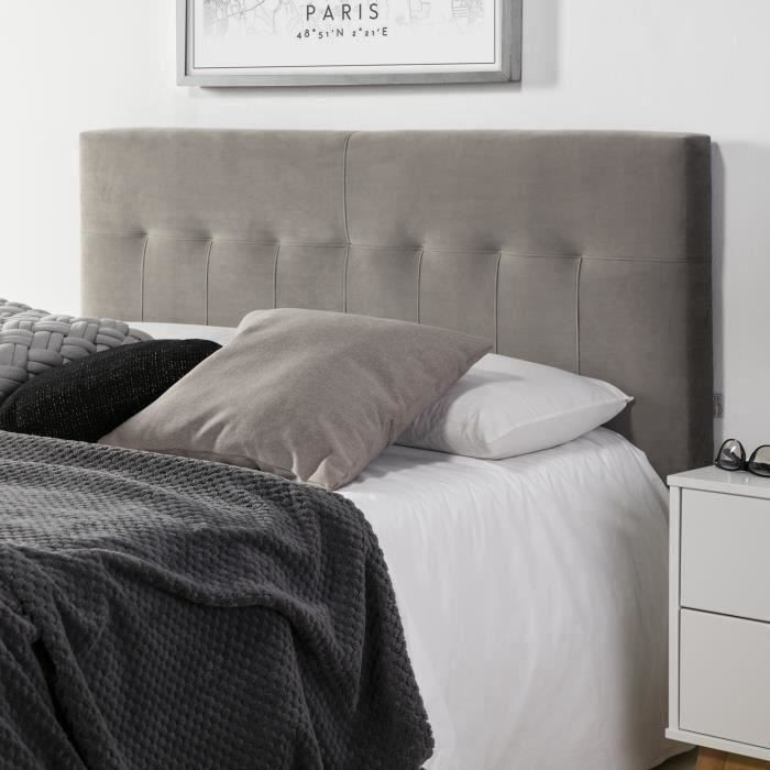 T&ecirc;te de lit tapiss&eacute;e 160x100 cm gris, velours, pieds en bois