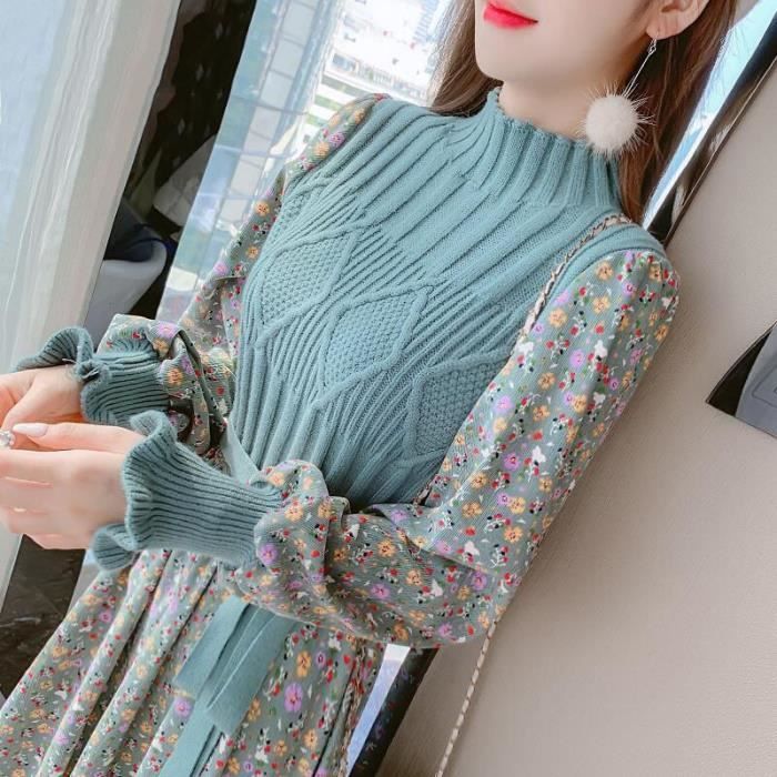 Robe Pull Femme Tricotée - Manches Longues, Col Rond, Couleur Unie - Tissu Doux Chaud Pour Automne/hiver - Coupe Droite Genou - 5