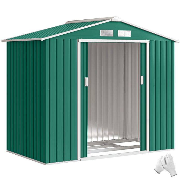Abri de jardin - Outsunny - 242 m² remise outils kit fondation porte verrouillable - acier - 213x130x185cm - vert