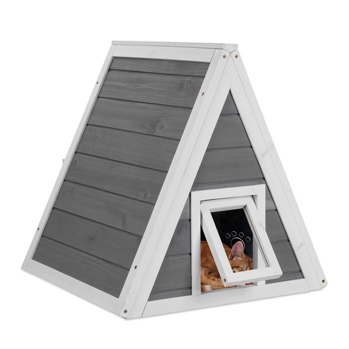 Meilleurs prix pour Relaxdays Niche pour chats, résistante aux intempéries, bois, HxLxP: 54 x 52 x 64 cm, 2 entrées, toit pointu, gris/blanc