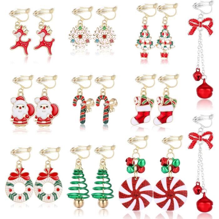 Lot De 6 Paires Boucles D'oreilles Pendantes Noël - Motifs Père Noël, Flocons, Cloches, Cadeau Femme Fille Fêtes