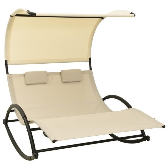 Haute Qualité - Chaise longue double avec auvent Textilène Crème(POIDS:28.8) 8715