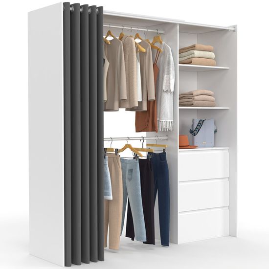 Penderie Hauteur Dressing Marty Extensible 120-170 Cm - Blanc Avec Étagères En Hêtre Et Rideau Taupe - Rangement Modulaire Meuble Tiroir ID Market