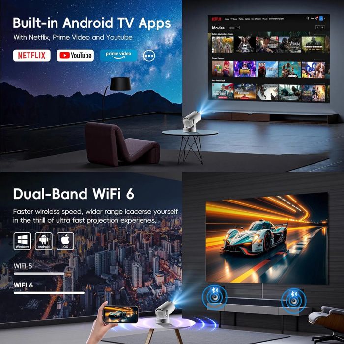 Mini Projecteur WiFi Bluetooth 1080P/4K – Portable, Android 12.0, Télécommande – Pour Home Cinéma, Extérieur, Projection Téléphone