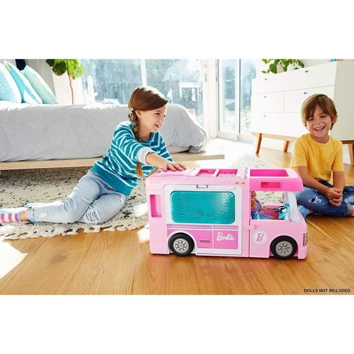 Barbie Camping-Car Transformable 60 Cm - Piscine, Hamacs, Cuisine, Salle D'Eau - Accessoires Inclus - Jouet Extensible - Dès 3 Ans - FBR34