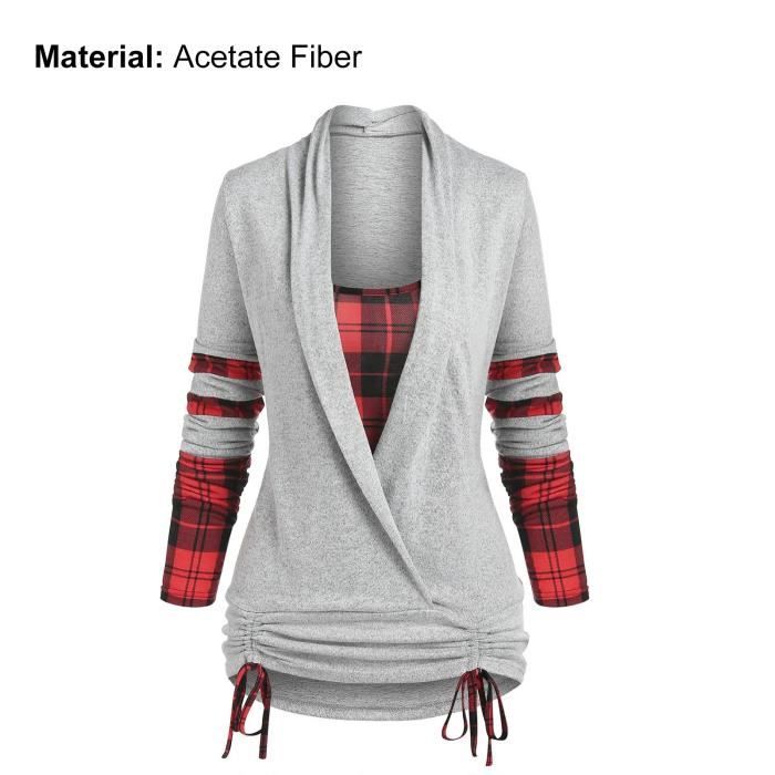 BLOUSE LIQUETTE Chemisier femme ultra doux decontracte grand plaid patchwork a cordon ourlet pull over style Light Gre Light grey Cdiscount Pret a Porter