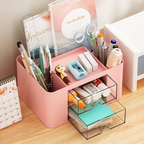 2 Organisateurs De Bureau Avec Tiroirs - 5 Compartiments, Rangement Stylos, Fournitures, Rose Et Bleu