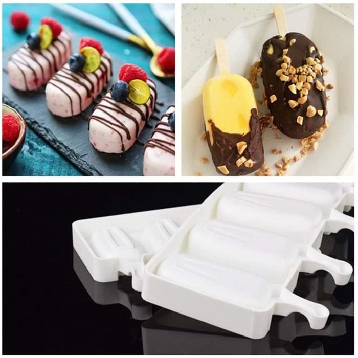 Moule à Glace Silicone 4 Cavités - Sans BPA, Réutilisable, Avec 100 Bâtonnets - Pour Popsicles Maison, Smoothies, Yaourts - 8