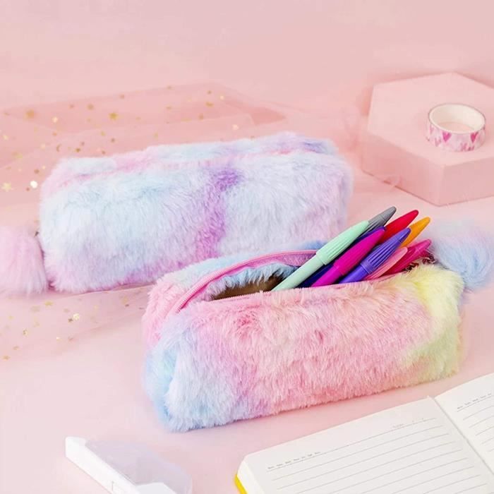 MUNSKT Lot 3 Trousse Crayons Peluche Arc-en-Ciel – Grande Capacité – Rose/Violet/Rose – Sacs Mignons Pour École Et Collège