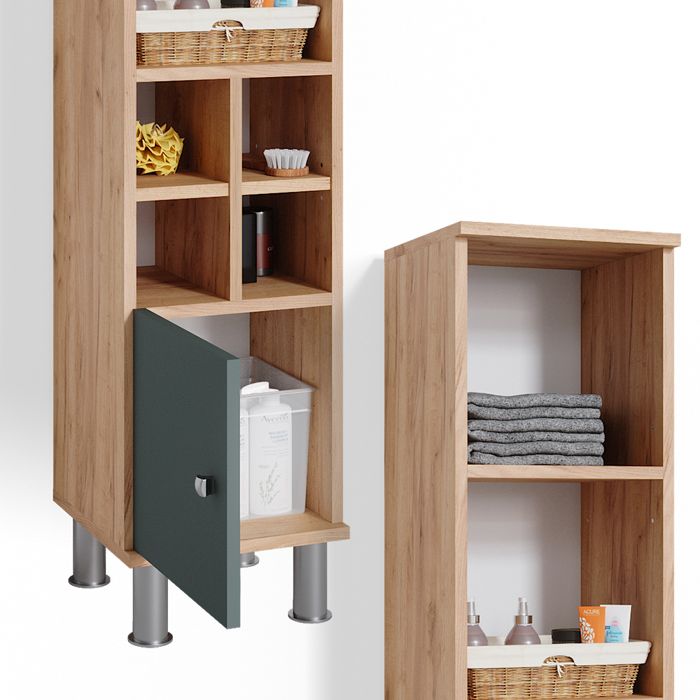 Armoire Midi De Salle De Bain Fynn Vicco, Chêne Vert, 95x30x30 Cm, 1 Porte 3 étagères, MDF, Kit à Monter