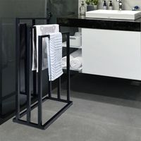 Porte-serviettes sur pied KUNO portant pour vêtements et linge de salle de bain avec 3 niveaux d'étendage, structure en métal noir 