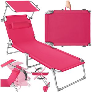 CHAISE LONGUE TECTAKE Chaise Longue CHLOÉ - Transat de Jardin Pliant Réglable avec Pare Soleil + Appuie tête 68 cm x 190 cm x 65 cm - Rose Vif