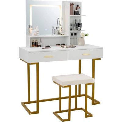 Coiffeuse Avec Miroir Éclairage LED - Table 80 Cm + Armoire Latérale - Tabouret Inclus - Pieds Métal Blanc - Modulable Gauche/Droite - 10