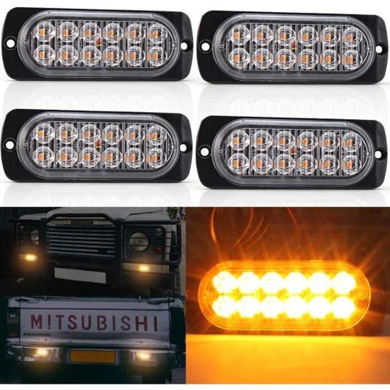 Feux Stroboscopiques LED - 12/24V - 18 Modes Clignotants - Jaune (4 LEDs) - Pour Voiture, Camion, 4x4, Véhicules De Chantier - Étanche Et Haute Visibilité - 10