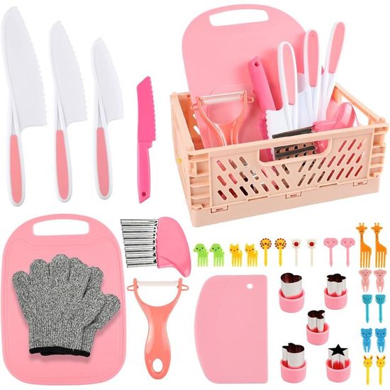 Kit De Couteaux Montessori Pour Enfants Dès 2 Ans - 2 Couteaux Sécurité Inox, Lame Lisse Et Dentelée, Poignées Antidérapantes - Rose