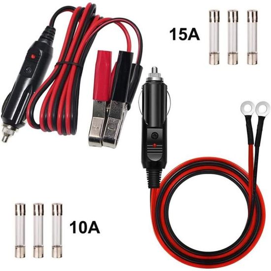 HATMINI 3FT Pince Crocodile Vers Câble Allume-cigare Mâle, 12 V/24 V 18 AWG Allume-cigare Mâle Vers Clips De Batterie, Rallonge Adaptateur Avec Fusible 10 A