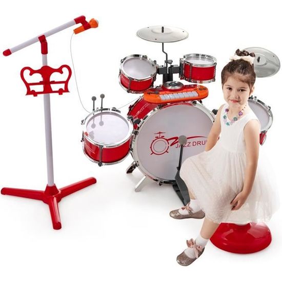 DREAMADE Kit de Batterie Enfants avec 5 Tambours, 2 Cymbales, Clavier à 8Touches, Microphone, Lumineux , Cadeau Enfants 3Ans+,