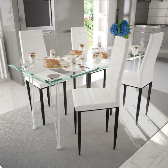 1166Octo® Ensemble Table à Manger• 1 Table + 4 Chaises • Ensemble de salle à manger 5 pcs Pour 4 Personnes Blanc et 1 table en verre