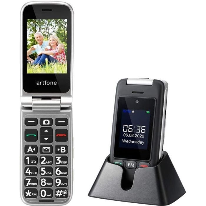 Artfone GSM Téléphone Portable Senior Débloqué avec Grandes Touches, Bouton SOS, Dual-SIM, 1400mAh Batterie et Station de Charge