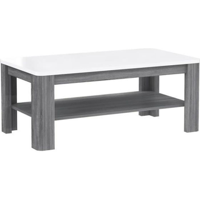 Table Basse rectangulaire Plateau laqué Blanc et piétement Bois Gris - Collection ALEXIANE