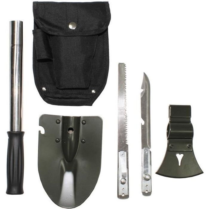 KIT MULTIFONCTIONNEL 6 EN 1 SURVIE CAMPING AVEC PELLE HACHE SCIE COUTEAU DECAPSULEUR ET OUVRE-BOUTEILLE MFH