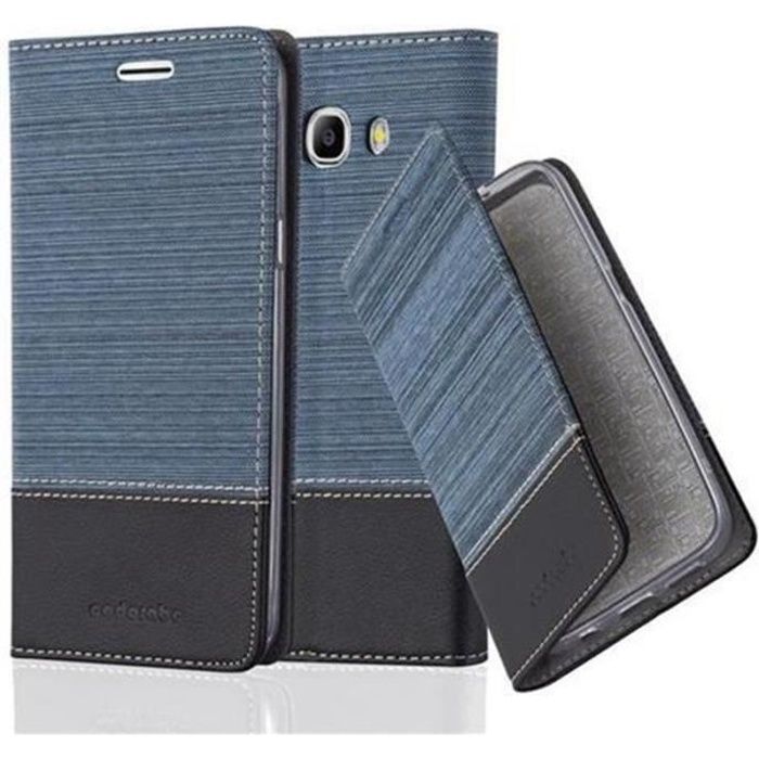 Cadorabo Coque Samsung Galaxy J7 2016 BLEU FONCÉ NOIR TISSUE-SIMILICUIR Housse Case Cover Magnétique supporte Stand fente carte