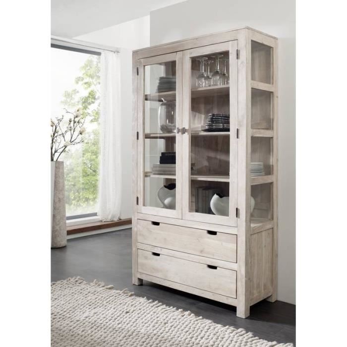 Vitrine-Vaisselier en bois massif d'Acacia, Couleur Bois Blanc, NATURE WHITE #65