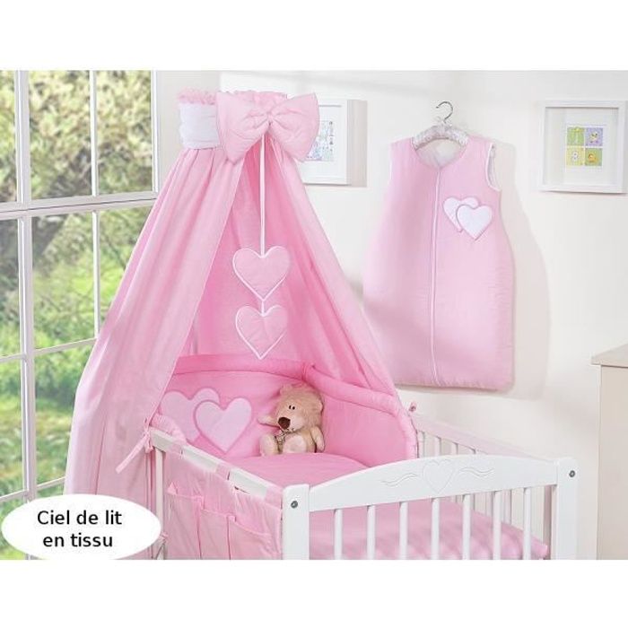 Ciel de lit bébé en tissu  rose à coeurs
