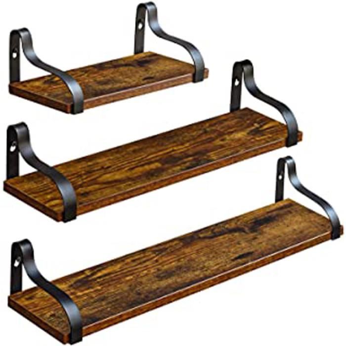 Etagères Murales Lot De 3, 60-45-30X13X10 Cm, Etagères Flottantes En Bois Et Métal, Style Industriel, Support Mural Stable, Pour