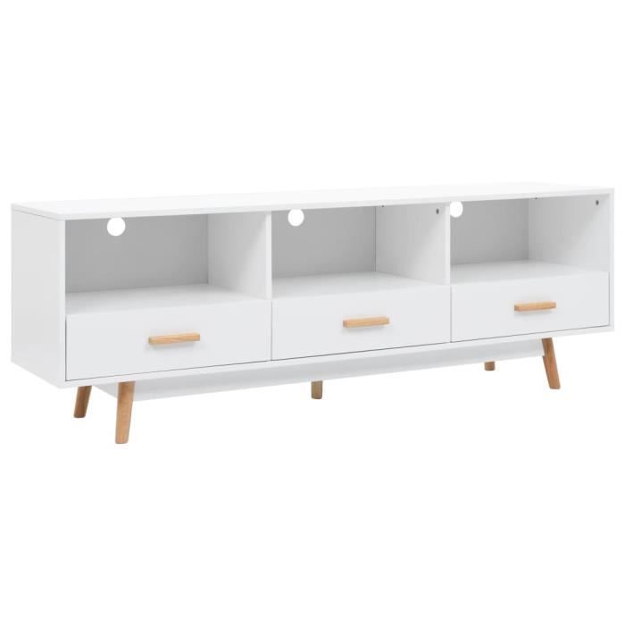 Meuble TV Moderne - Avec 3 Tiroirs - Décor blanc MDF + Pieds en Bois - 160 x 40 x 55 cm